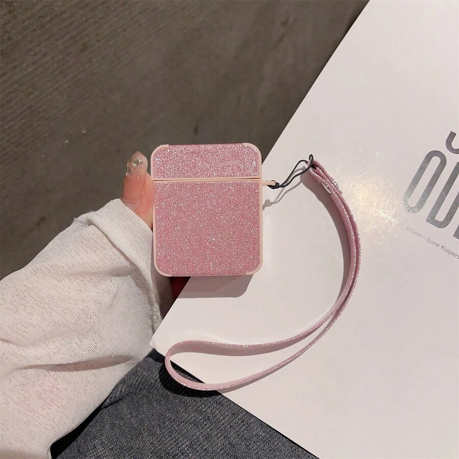1入粉色閃粉貼合硅膠耳機盒,全面覆蓋,配有掛繩,適用於airpods 1 2 3 Pro,防摔保護,不包含耳機
