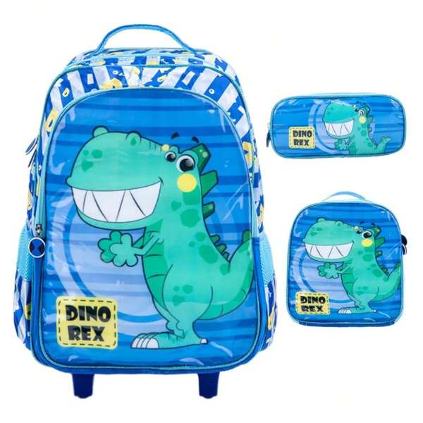 Mochila de Rodinha Infantil Menino Kit Escolar Mochila Lancheira Estojo Impermeável Dinossauro