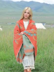 Women'S Round Cape With Beautiful Floral Pattern, Ideal For Travel, Photo Shoots And Fall/Winter Atmosphere - Orange - View 4