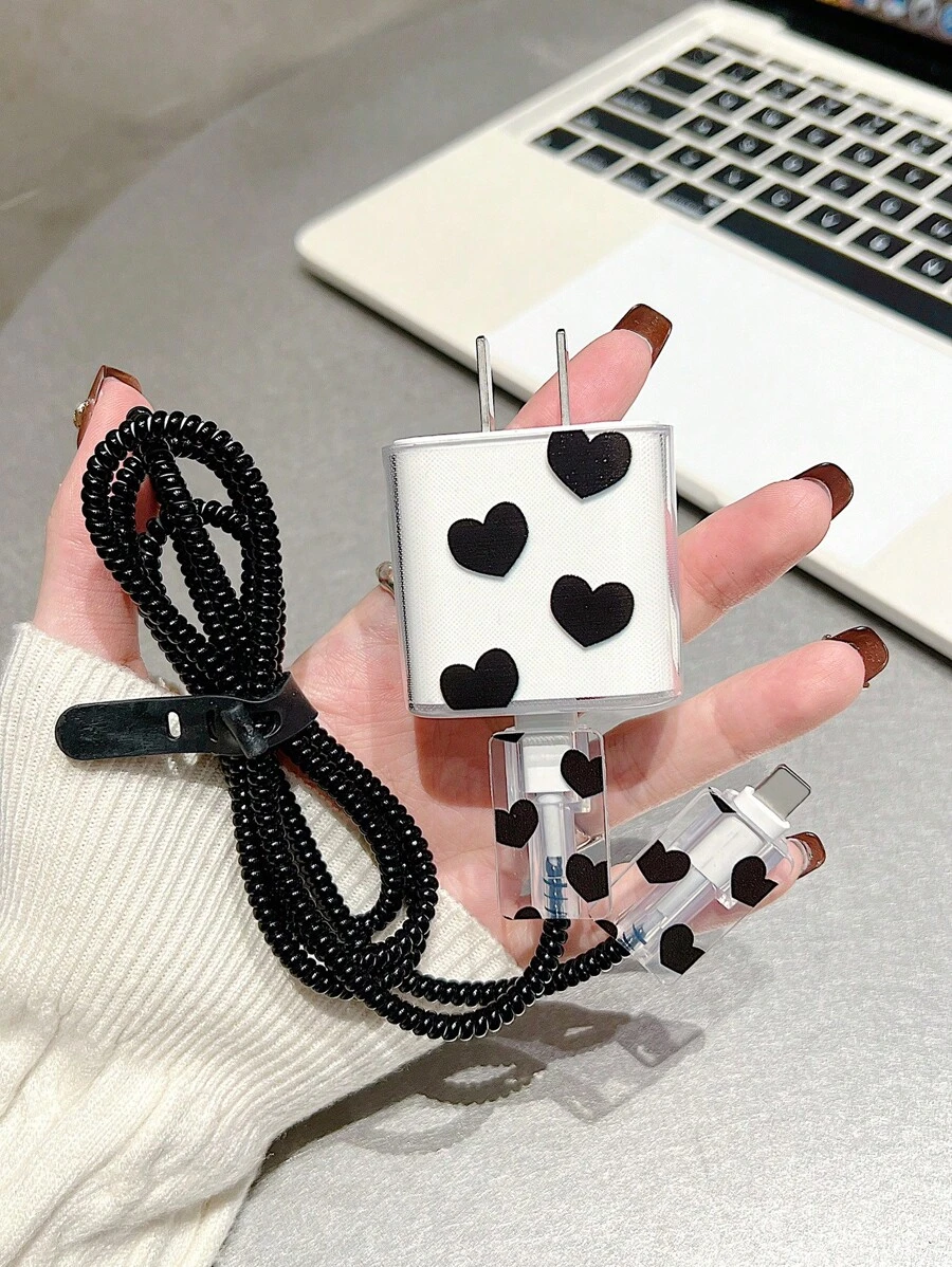 5入組黑心設計1.5米纜線收納器,固定纜線,tpu充電口蓋,兼容apple 12/13/14系列手機,可用於20w快充數據線 - 黑色 - 查看 1