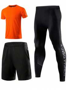 Men's Sportswear Set, 3pcs Tight-Fit Quick-Dry Outfit For Exercise, Running, Basketball And Outdoor Activities Gym Clothes Men, Athletic Suit, Tracksuit - Orange - View 1