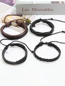 4入組多層編織皮革手鍊diy組合皮革手環 - 黑色 - 查看 5