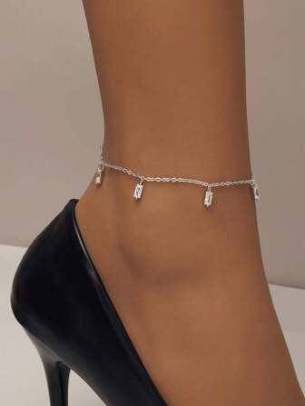 SYMFNY 1只女款時尚925銀立體幾何款鋯石腳鍊，適用於日常通勤和假期