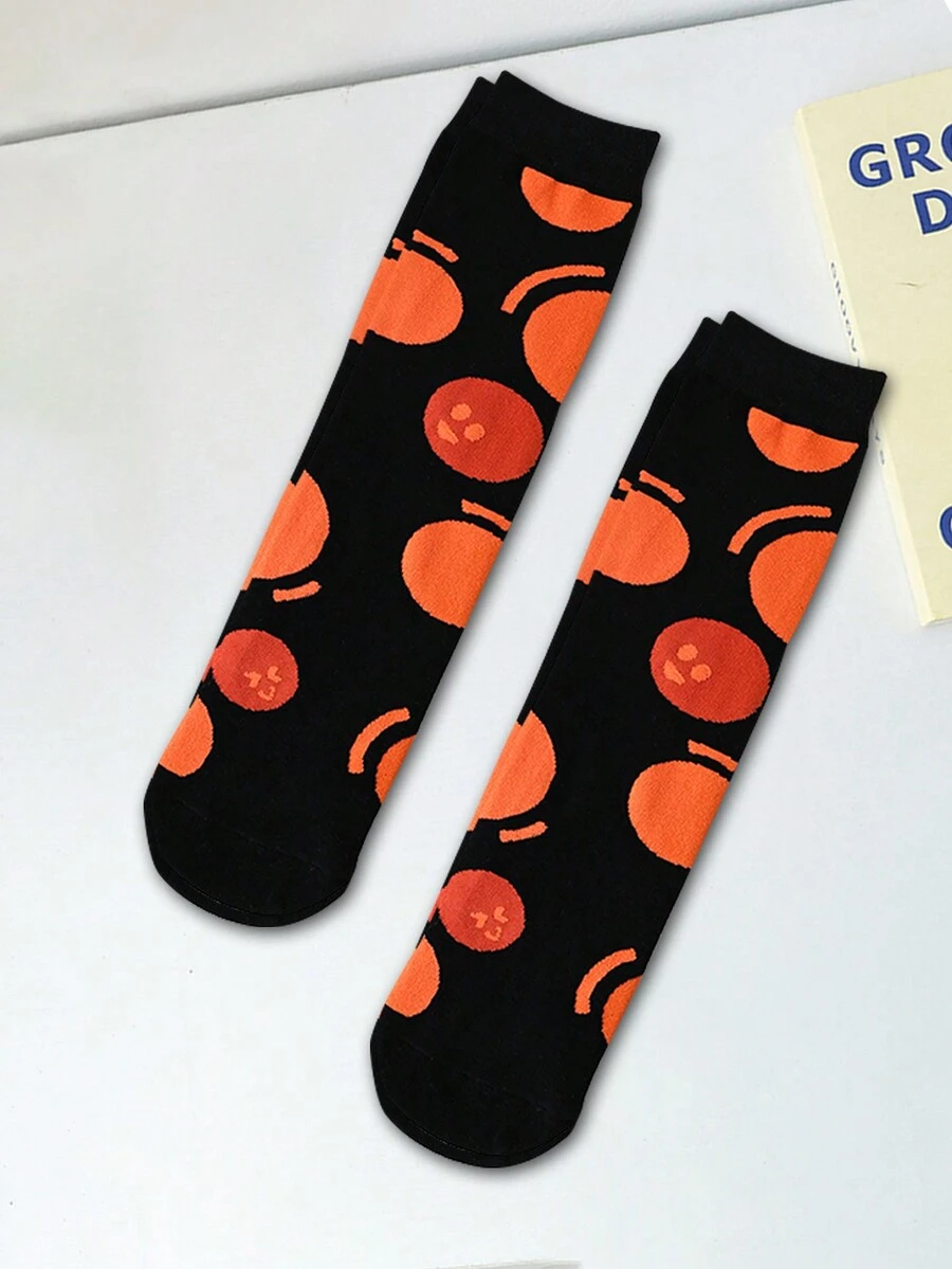 2 Pairs Orange-Color Blocking Cartoon Printed Women's Fashion Socks - Multicolor - View 1