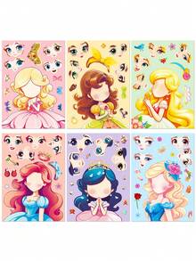 6pcs/Pack Princess Face-Shifting Stickers Diy Puzzle Sticker Toy, For Boys & Girls - Dusty Pink - View 5