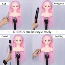 附有16英寸假髮的人偶頭,用於女孩子的造型和編髮練習,金色合成材料訓練可愛的假人頭編髮髮型 - 粉色 - 查看 8