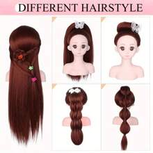 附有16英寸假髮的人偶頭,用於女孩子的造型和編髮練習,金色合成材料訓練可愛的假人頭編髮髮型 - 粉色 - 查看 2