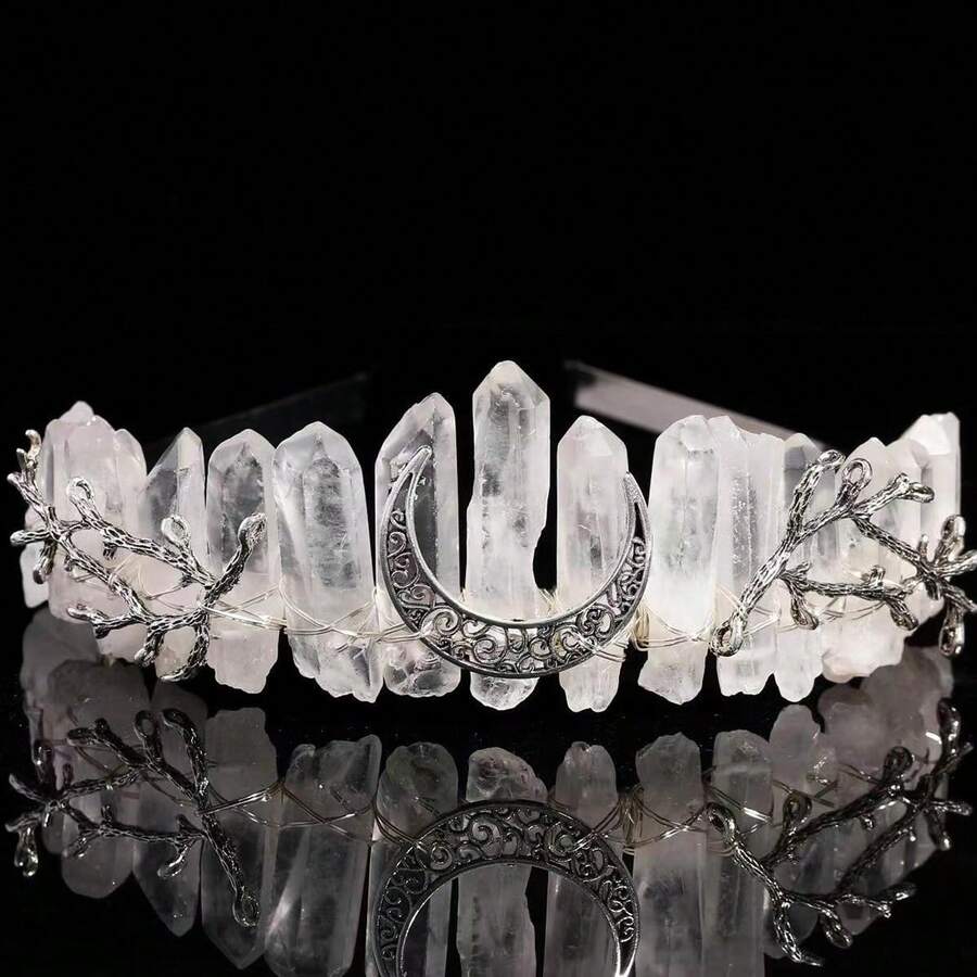 1件手工製作的天然白水晶樹枝月亮皇冠髮箍,適合節日禮物 - 彩色 - 查看 1