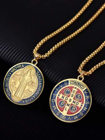 1個男士庇護聖瓊&聖本篤電鍍18k金鋅合金龐克嘻哈風格項鍊,盒鏈24英寸,適合聖誕和萬聖節禮物