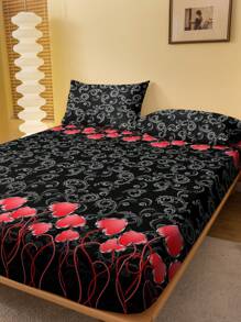 1pc Fashionable Minimalist Style Flower Print Brushed Fitted Sheet, Dustproof Home Bedding Accessory