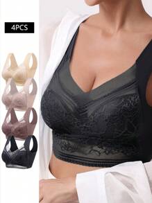 4入組/套胸罩捆綁包,包括有鋼圈胸罩、運動型無鋼圈胸罩、無縫胸罩、無鋼圈胸罩,高彈性,蕾絲修飾 - 彩色 - 查看 1