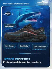 1pc Men's Work Safety Shoes With Shark Design, Anti-Smashing, Anti-Piercing, Waterproof, Rubber Anti-Slip Sole, Steel Toe Cap, Round Toe, Genuine Leather Upper, Microfiber Waterproof Lining, Comfortable And Breathable, Suitable For Outdoor Construction Sites, Factories, Welding, Machinery Manufacturing, Food Industry, Outdoor Mountaineering - Black - View 2