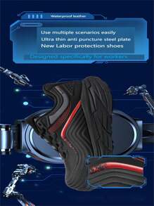 1pc Men's Work Safety Shoes With Shark Design, Anti-Smashing, Anti-Piercing, Waterproof, Rubber Anti-Slip Sole, Steel Toe Cap, Round Toe, Genuine Leather Upper, Microfiber Waterproof Lining, Comfortable And Breathable, Suitable For Outdoor Construction Sites, Factories, Welding, Machinery Manufacturing, Food Industry, Outdoor Mountaineering - Black - View 5