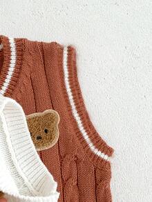 嬰兒男童學院風熊裝飾針織毛衣背心 - 棕色 - 查看 5