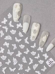 1 片浮雕/3D 浮雕蝴蝶美甲贴纸，黑色和白色，按压式指甲专用，贝壳极光蝴蝶结美甲贴纸，适合女士和女孩 DIY 使用 - 白色 - 查看 6