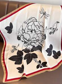 1條女士花鳥印花小方巾,頸/頭巾,披肩,適用於冬季 - 黑色 - 查看 3