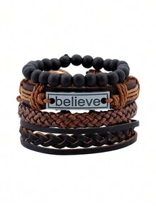 Believe套裝：男士復古編織皮革手鍊和diy皮革手環 - 棕色 - 查看 1