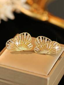 1 对优雅双蝴蝶方晶锆石吊坠耳环适合女士婚纱情人节礼物 - 金黃色 - 查看 6