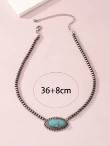 1 套三件/套时尚简约风格别致复古绿松石几何不对称椭圆形吊坠耳环和串珠项链 - 綠松石色 - 查看 4