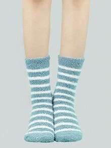 1pair Coral Fleece Striped Warmth Simple Daily Sleep & Ankle Socks For Autumn And Winter - Baby Blue - View 2