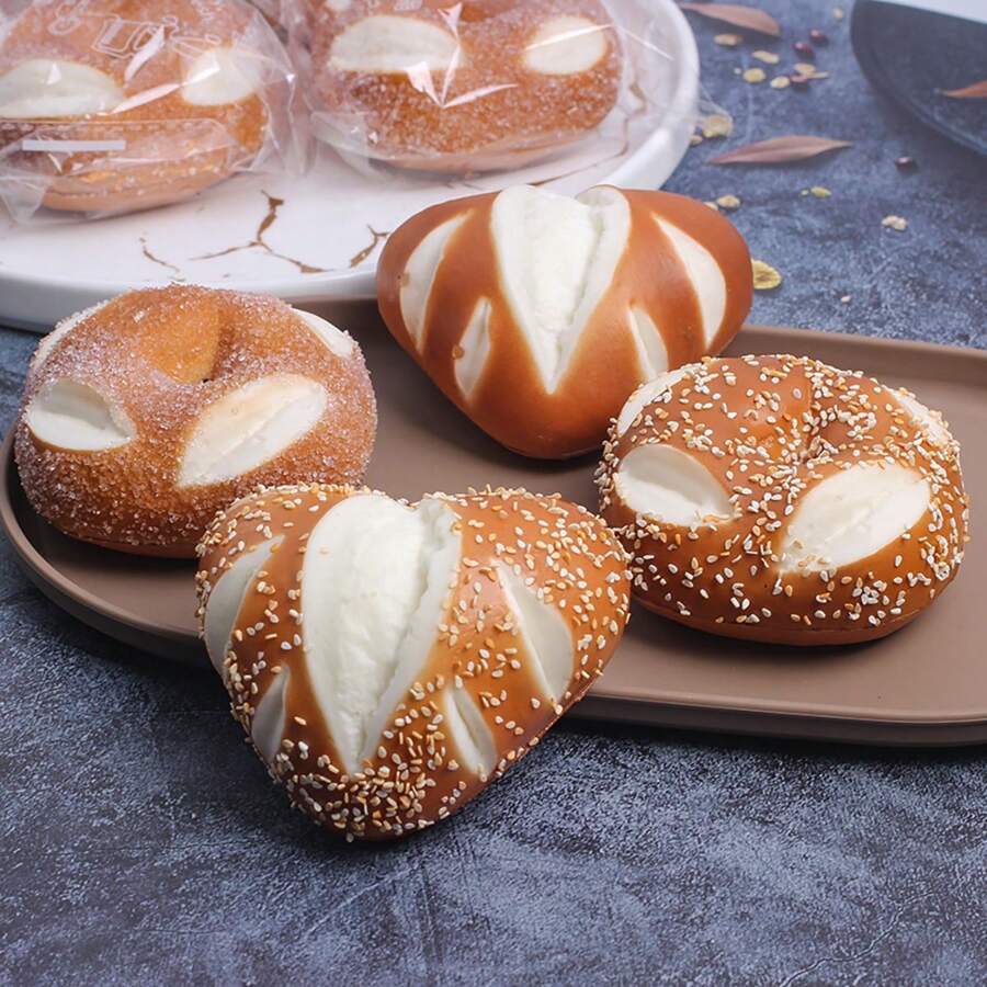 2 mô hình bánh mì Bagel hình trái tim, đồ trang trí bánh mì Bagel làm từ bột chua nguyên cám, đạo cụ chụp ảnh thực phẩm, trang trí nhà bếp - màu nâu - Xem 1