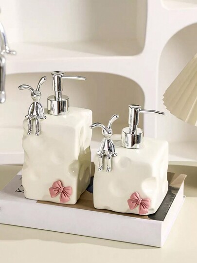 1pc Ceramic Bathroom Soap Dispenser With Rabbit & Bowknot Decoration, Bath & Shower Lotion Pump Bottle And Foam Maker Home Bathroom Decor Fall Decor Back To School
