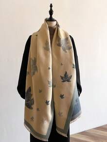 2023秋冬新款女士多色楓葉圖案保暖圍巾披肩,jacquard仿羊絨面料,適合日常穿著 - 藍白色 - 查看 1