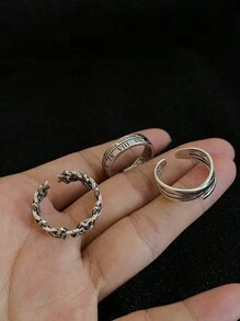 3件套复古嘻哈罗马戒指，男女皆宜，时尚个性，轻盈奢华，小众设计，精致食指戒指，女士款 - 復古銀色 - 查看 1