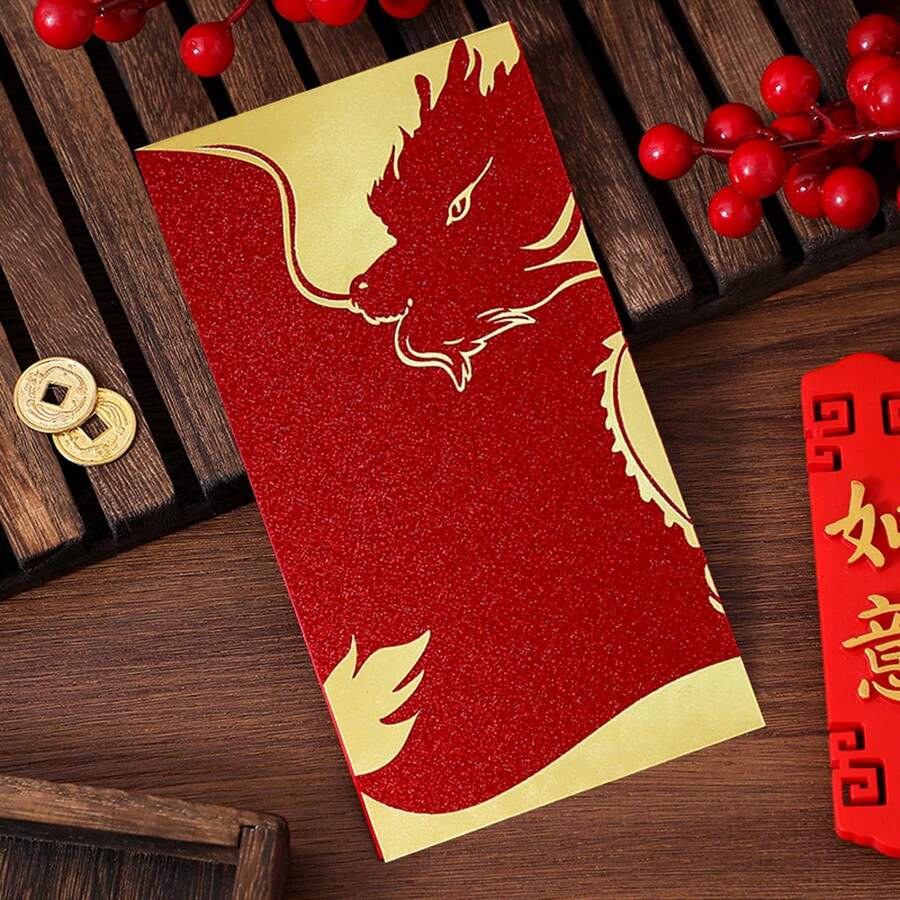 6入組有創意的2024新年金色香菜印花紅包,祝您春節、農曆新年和其他節日安康和幸福 - 紅色 - 查看 1