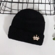 1pc Ladies' Crown Rhinestone Solid Color Faux Mink Fur Knit Hat Fashionable Elegant Unisex Couple Versatile Casual Outdoor Warm Ear Protection Beanie - Black - View 2