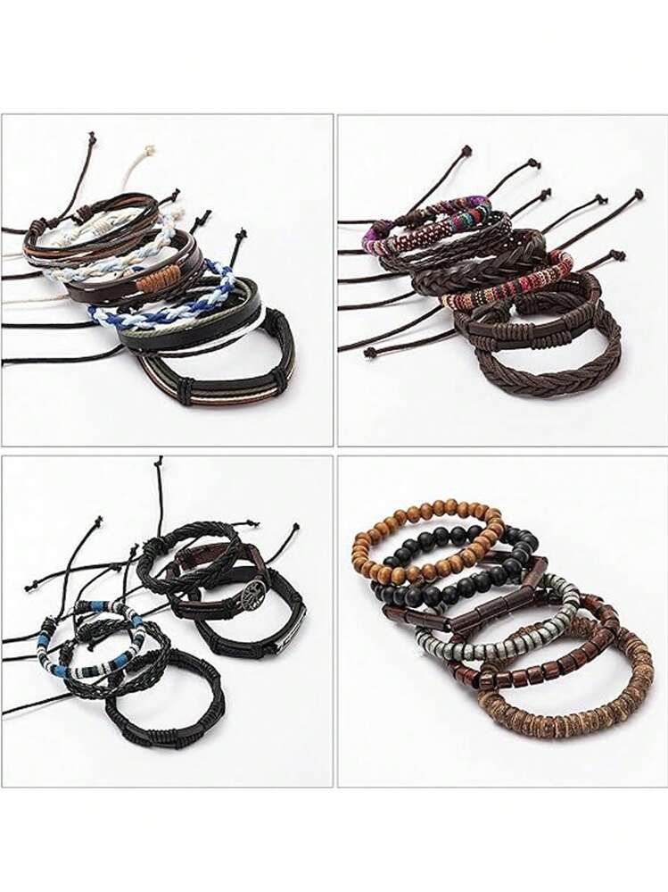 BEDT Bracciali Uomo Set 4 Pezzi Con Albero Della Vita - Cinturini In Pelle Nera Stratificata, Regalo - 2