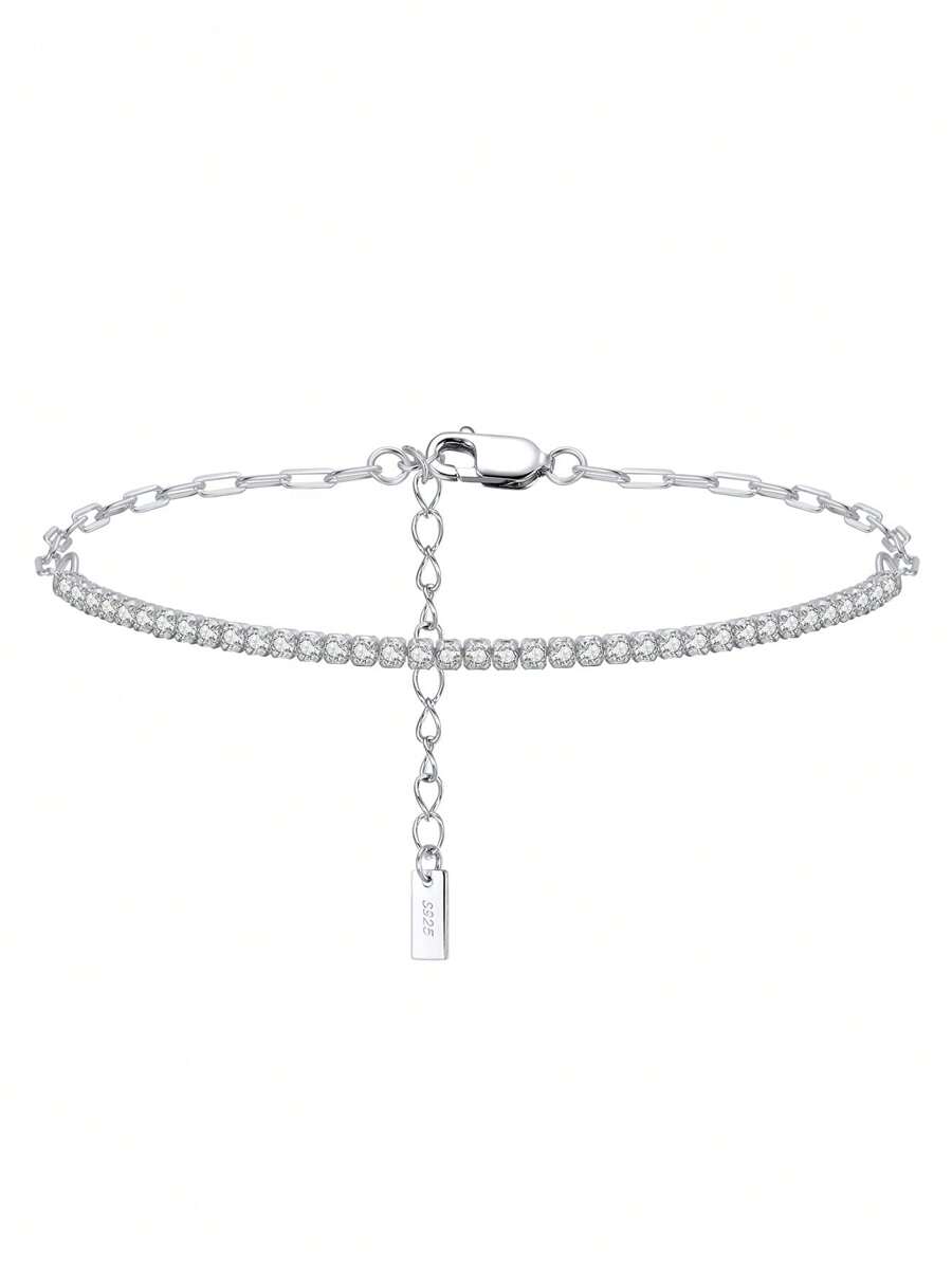 ORSA JEWELS 1PC Genuine 925 Sterling Silver Half Tennis Bracelet Hand Chain 4A Grade Cubic Zirconia Gorgeous Women Jewelry Best Gift For Birthday - Silver - View 1