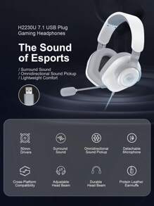 HAVIT H2230U Surround Sound 7.1USB Plug Gaming Headphones With Detachable Mic And Adjustable Head Beam - white+gray - View 2
