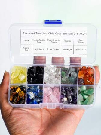 1入組未鑽孔的各式迷你水晶石頭拋光碎片石頭，適用於許願瓶、仙女瓶、萊茵石、虎眼石、玫瑰石英、紫水晶