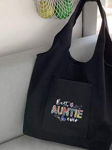 新款最佳阿姨图案手提包，简约风格单肩包，女式字母印花手提包，帆布单肩包，大容量购物袋，必备包，适合职业女性、女士和女孩，可作为送给阿姨、姐妹和朋友的礼物。 - 黑色 - 查看 3