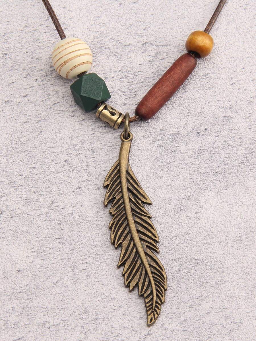 1 件复古串珠弧叶合金吊坠长项链男士，木珠和咖啡色蜡绳毛衣链，适合日常佩戴，男朋友/母亲/亲戚礼物 - 彩色 - 查看 1