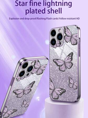 1 件紫色電鍍 Tpu 手機殼,蝴蝶設計 + 1 件紫色漸層閃光卡紙,相容於 Iphone/samsung/xiaomi/oppo