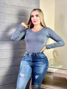 ROUND NECK Thermal Blouse - Grey - View 2