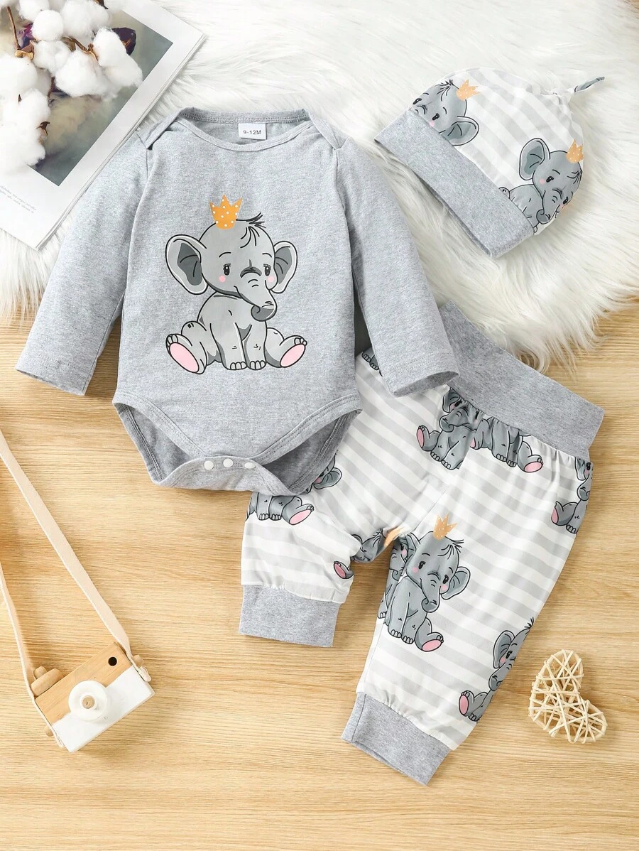 Conjunto de body con estampado de elefante, pantalones a rayas con estampado de elefante y gorro para bebés niños en primavera y otoño - Gris - Ver 1