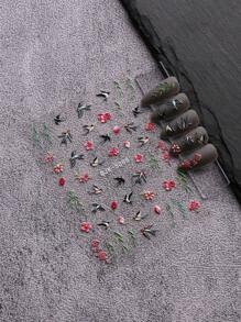 4片春季蝴蝶、燕子、花卉植物凸紋美甲貼紙，DIY - 彩色 - 查看 4