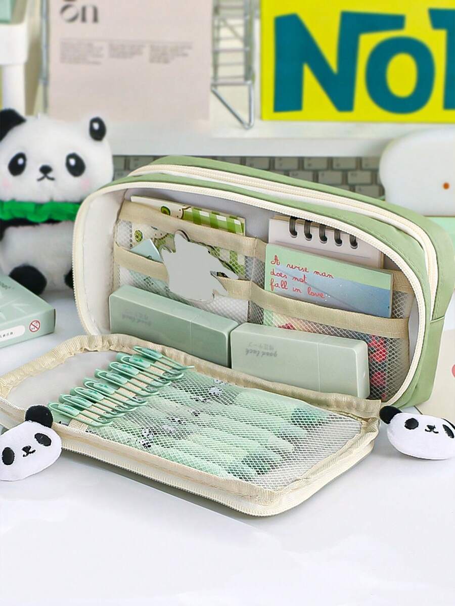 1個簡約透明學生可愛筆袋,布質大容量便攜日常收納盒,多層多功能布質拉鍊收納袋 - 綠色 - 查看 1