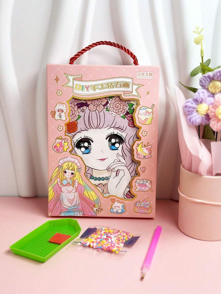 1套卡通風格便攜式可愛小女孩diy鑽石畫,創意手工貼紙,體驗手工藝之樂 - 彩色 - 查看 1