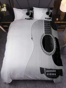 3pcs Vintage Guitar Print Polyester Bedding Set Soft And Comfortable Bedding For Bedroom And Guest Room  (1*Comforter Cover + 2* Pillowcases, Without Core) - Light Grey - View 6