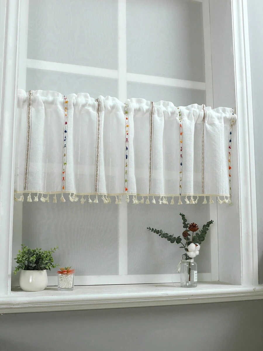 1pc Colorful Vertical Striped Small Curtain, Nordic Style Polyester Fiber Material With Hem Lace Solid Bottom, Suitable For Window, Cabinet And Door Decoration - Multicolor - View 1
