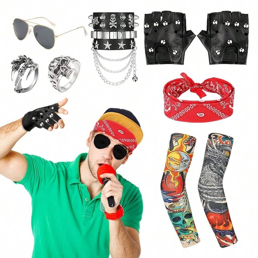 10pcs/Set Punk, Gothic, Rock Clothing Accessories Set With 80s 90s Hip-Hop Outfits, Including Glasses, Sleeves, Headband, Bracelets, Gloves, Rings - Multicolor - View 1