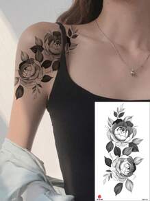 1pc Black & White Floral & Leaf Pattern Temporary Tattoo Sticker - Black - View 1