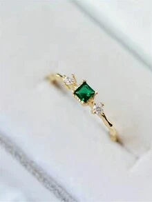 Green Cubic Zirconia Decor Sterling Silver Ring - Yellow Gold - View 1