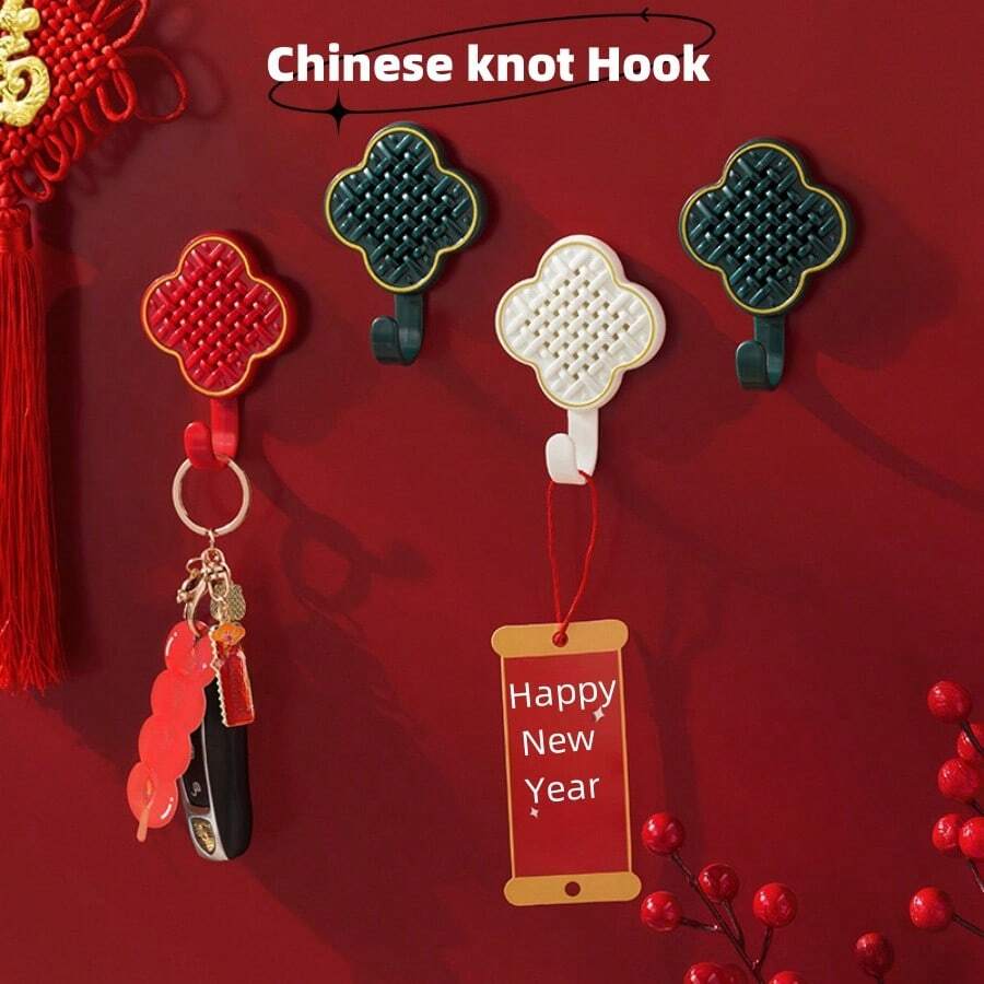 1個創意結新年裝飾掛鉤,國民潮流風格,不須鑽孔,掛牆式掛鉤,承重力強粘力強,適用於廚房器具收納、浴室毛巾和其他盥洗用品收納、衣櫥、帽子、袋子、門後鑰匙收納 - 紅色 - 查看 1