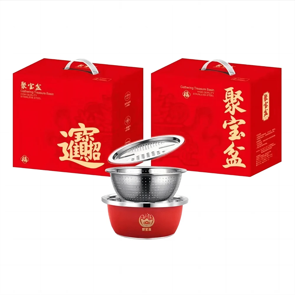 1套3入組26cm/10.24in加厚不銹鋼磨刨洗米碗濾網套裝,理想的蔬菜清洗和奶酪磨碎工具 - 紅色 - 查看 1