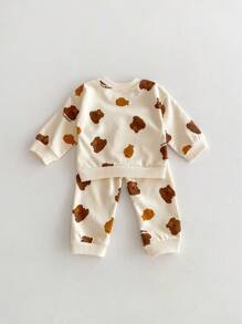 嬰兒女寶寶休閒魚和熊印花長袖運動衫和褲子套裝 - 杏色 - 查看 2